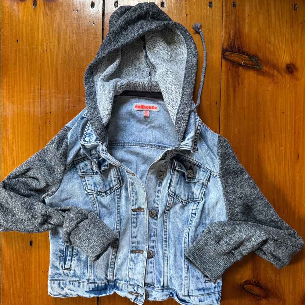 Acid Washed Cropped Jean Jacket with Knit Hood and Sleeves